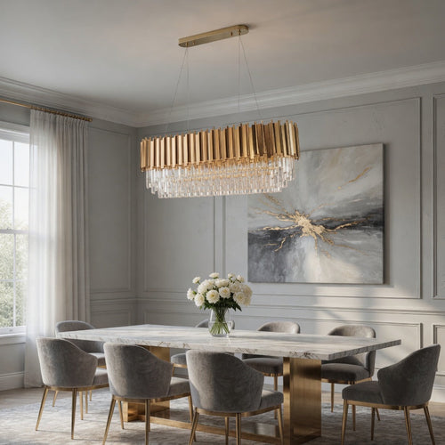 Gio Gold Crystal Dining Room Chandelier by Morsale 47 inch linear form with premium crystal prisms and gold frame