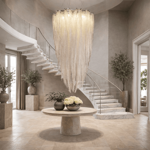 A luxurious foyer features a large round stone table with white and green flower vases, potted trees, and the Alleri Luxury Staircase Chandelier by Morsale.com cascading between two curved marble staircases.