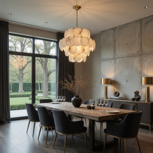 Modern dining room with a large wooden table, chairs, and decorative lighting.