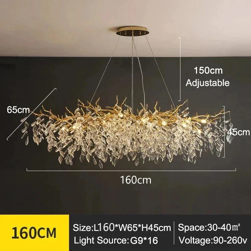 Albero Collection Crystal Chandelier by Morsale.com with extended branches and numerous small lights, dimensions labeled, hanging from a ceiling, with adjustable height feature. Light and room size specifications provided.