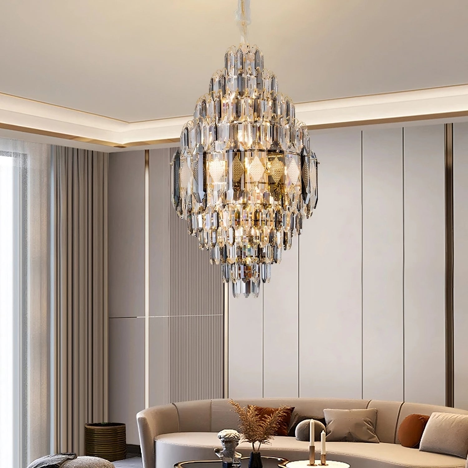 Designer lighting showcasing timeless materials like crystal and marble.