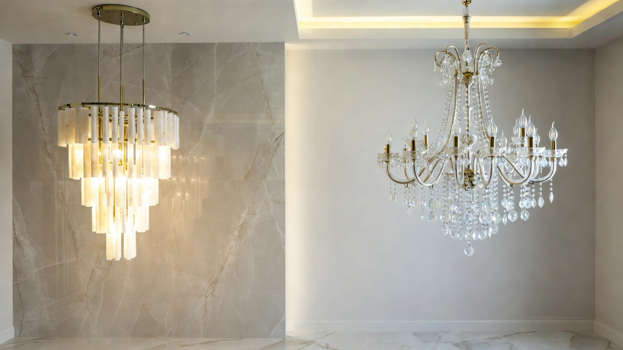 marble chandelier and crystal chandelier in modern interiors