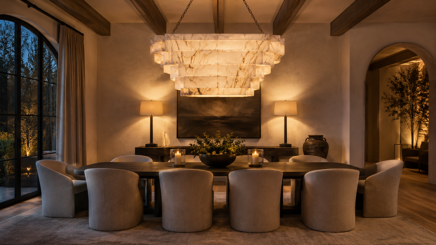 Warm-lit luxury interior with a hand-carved marble chandelier as the centerpiece, illustrating how lighting elevates every element of a high-end home.