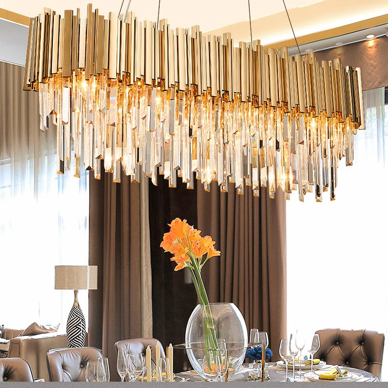 gold crystal dining room chandelier over a kitchen table
