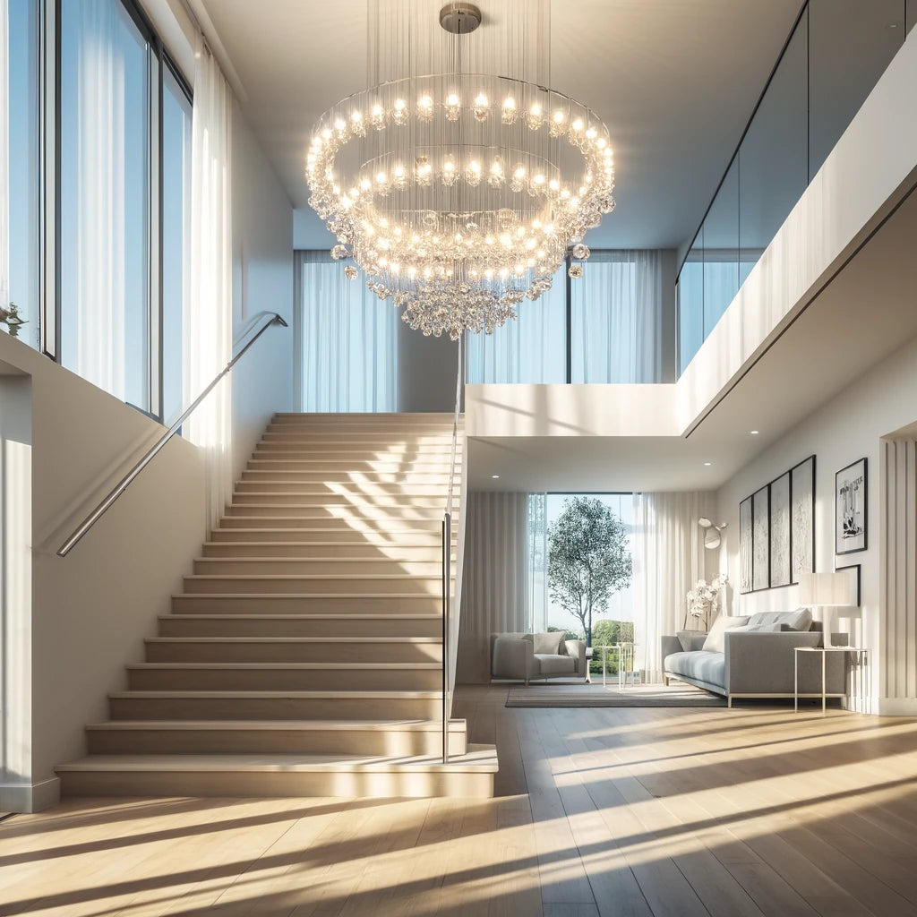 A bright modern interior featuring a stunning staircase chandelier. The space is well-lit with large windows allowing natural light to flood in. The c.webp
