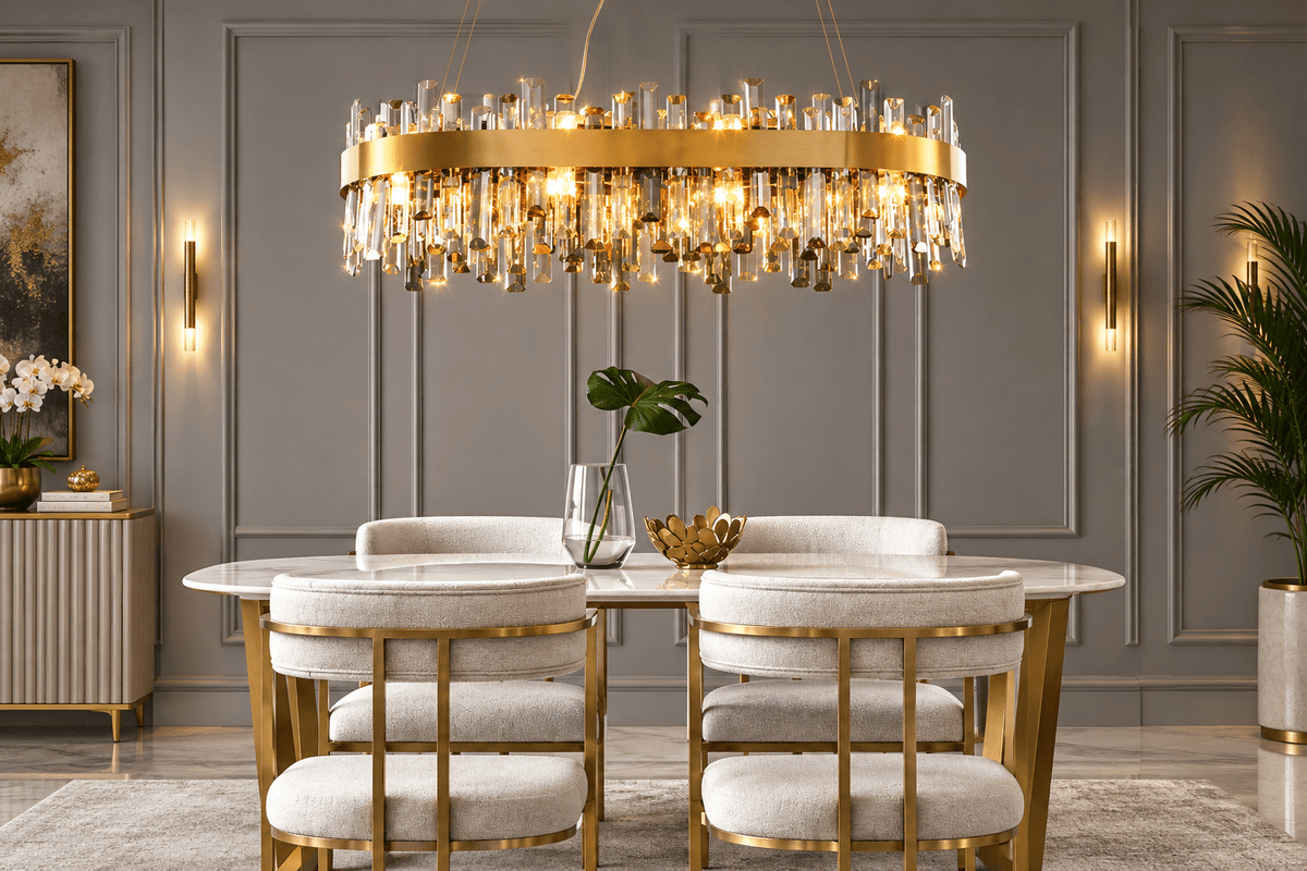 A luxury dining room set featuring a round white marble dining table with gold legs, four upholstered cream chairs with gold frames, and a large circular gold chandelier with hanging crystal prisms.