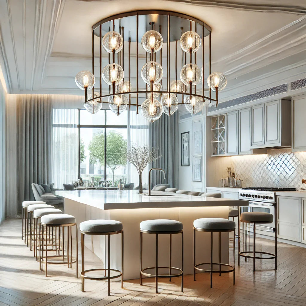 A bright, modern dining room featuring a chandelier from morsale.com hanging above a kitchen island.