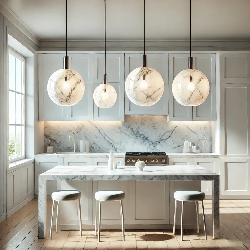 A bright, modern kitchen featuring smaller pendant lights made of marble. The kitchen has a clean and minimalist design with white cabinets, a marble