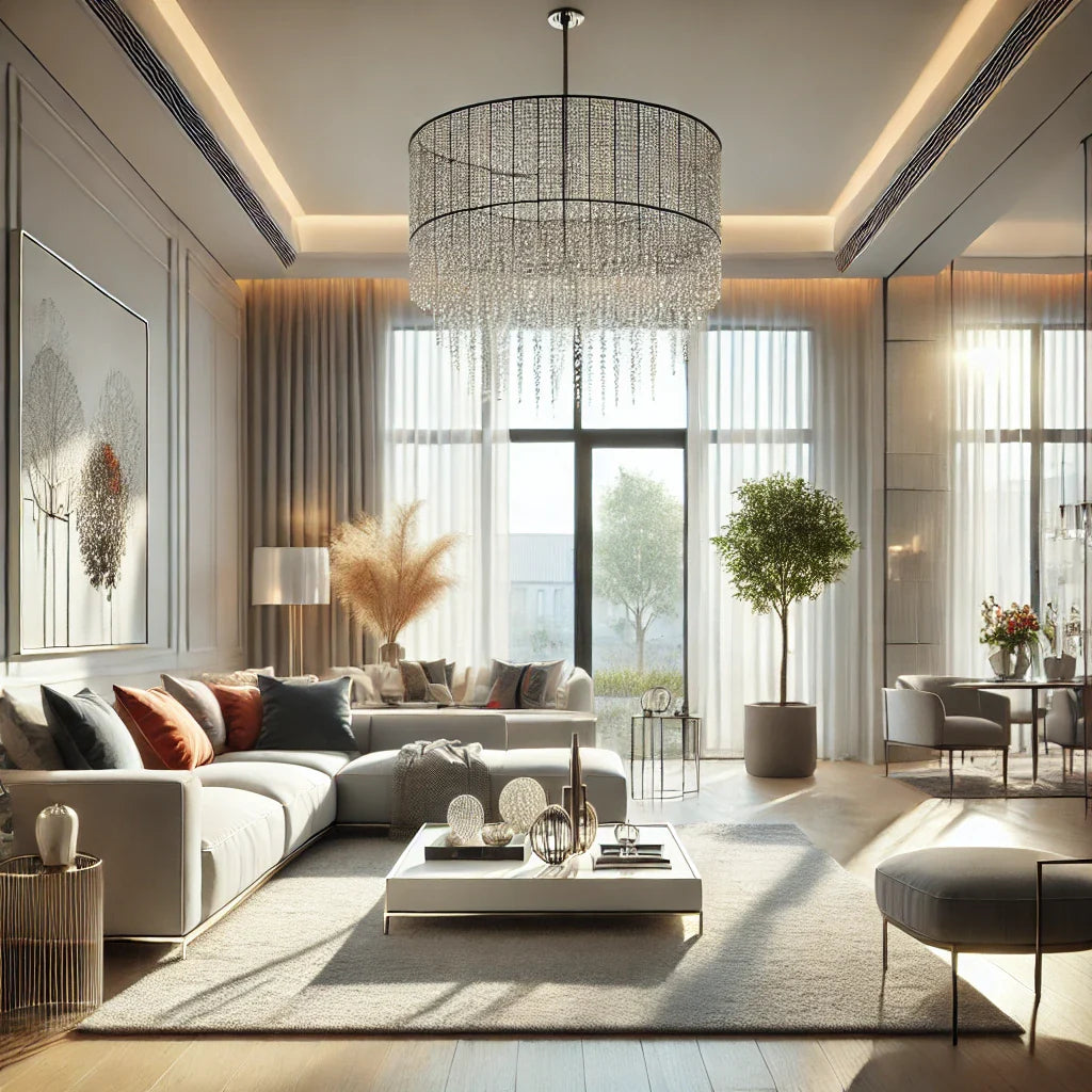 A bright modern living room with large windows allowing plenty of natural light. The room features contemporary furniture including a sleek sofa