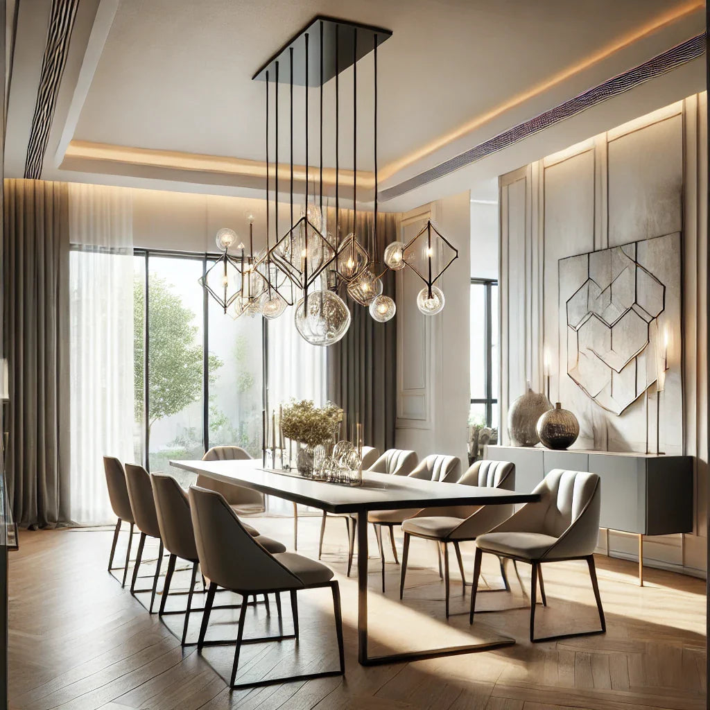 A stylish and elegant modern chandelier hanging in a contemporary living room