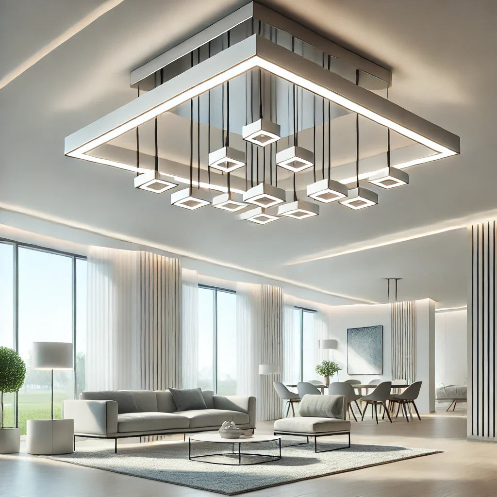 A modern flush mount ceiling chandelier in a bright modern interior. The chandelier has sleek, minimalistic design with multiple LED lights arranged