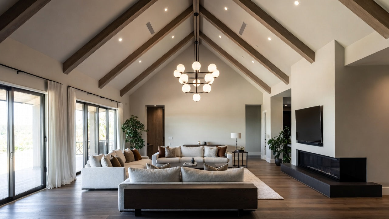 modern house interior with modern chandelier in the center
