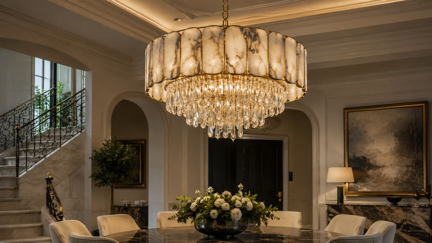 Hand-carved marble and crystal chandelier suspended above a luxury dining table, showing the warm diffused glow of natural stone paired with refracted light from real K9 crystal.