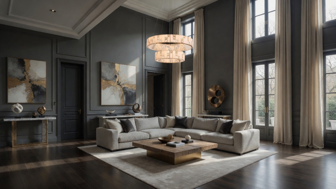 Modern luxury living room with a hand-carved marble chandelier centered above the seating area, illustrating designer living room lighting principles.