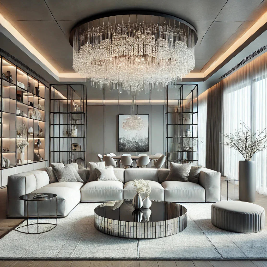 A modern living room with a crystal ceiling chandelier. The room features sleek, minimalist furniture with a neutral color palette