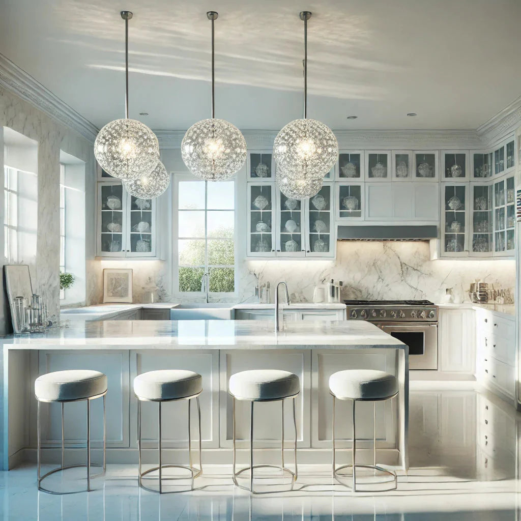  A bright, modern kitchen with clean white cabinetry, marble countertops, and stainless steel appliances. The space features crystal pendant light