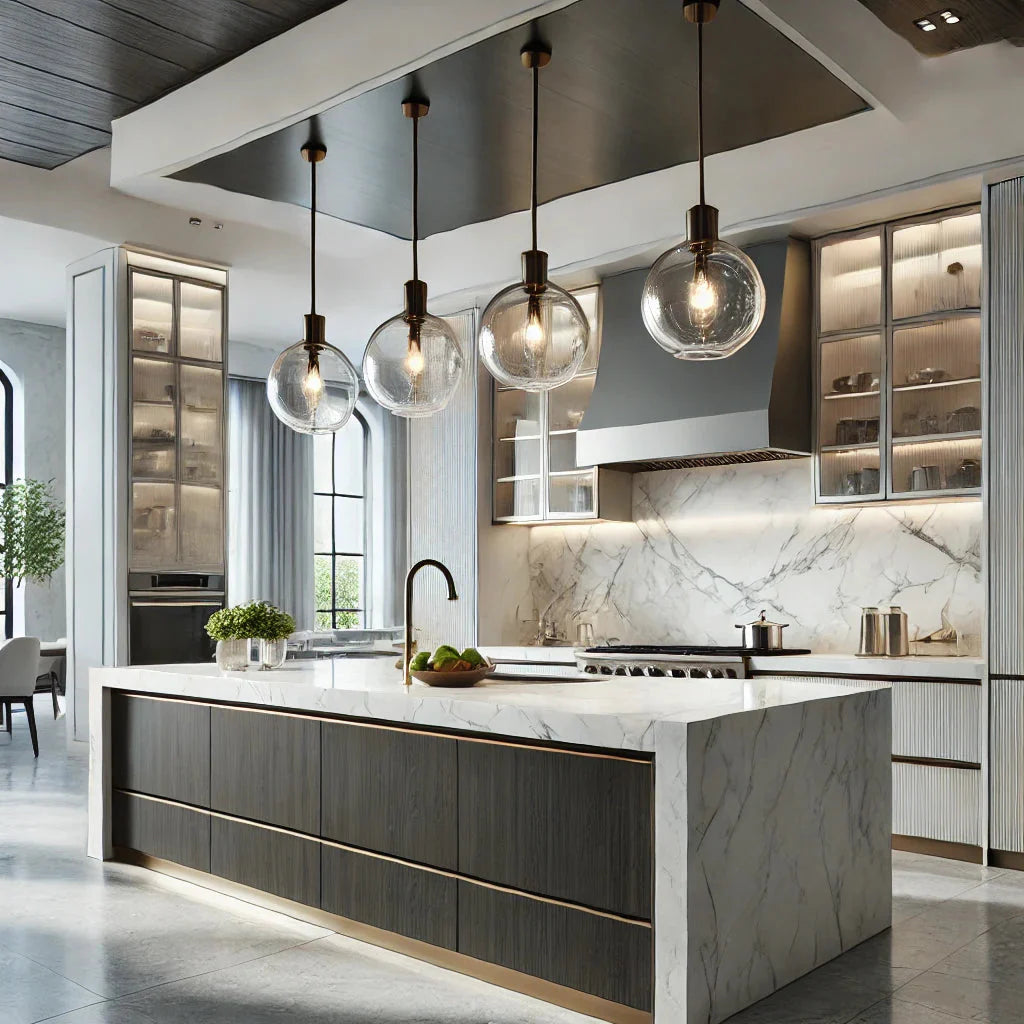 Modern pendants spaced evenly over a kitchen island