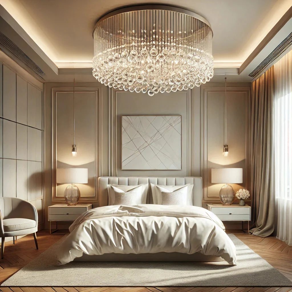 A modern, elegant bedroom featuring a crystal flush mount chandelier in the center of the ceiling. The room has a soft, neutral color palette