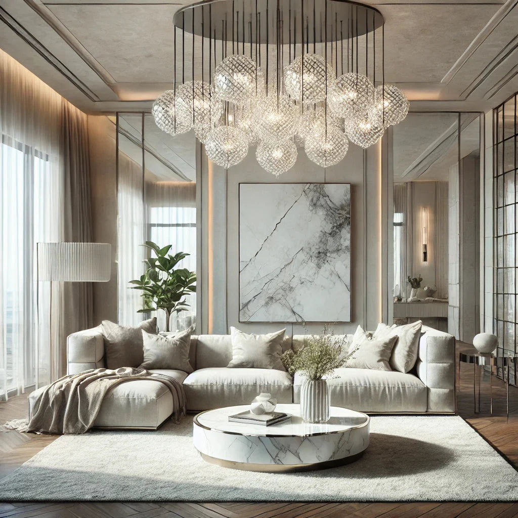 A modern living room featuring minimalist decor, with a crystal and marble chandelier as the focal point. The chandelier has an elegant, geometric design