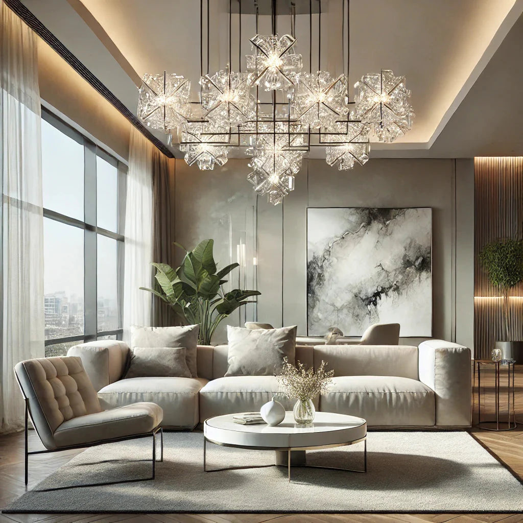 A modern living room featuring minimalist decor, with a crystal and marble chandelier as the focal point. The chandelier has an elegant