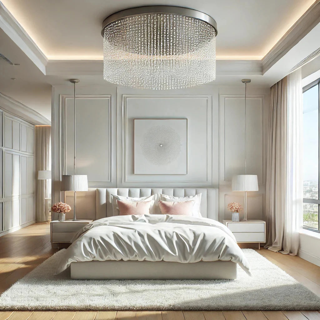 A bright, modern bedroom featuring a flush mount crystal ceiling chandelier. The room has a clean and minimalistic design, with a large bed 