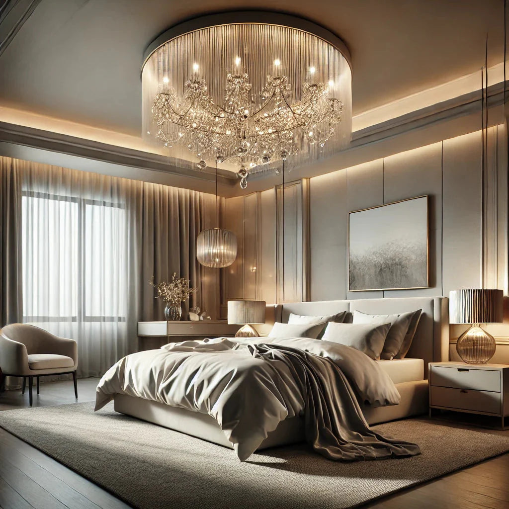  modern bedroom with a luxurious chandelier hanging above the bed, creating a warm and elegant atmosphere.