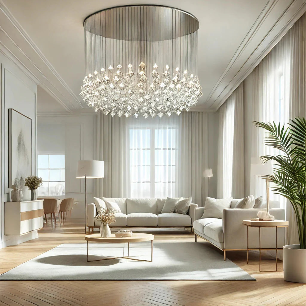 Modern chandelier trends showcasing materials like marble, brass, and travertine.