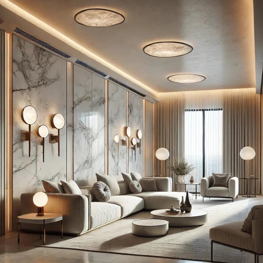 A modern living room featuring luxurious marble wall sconces and ceiling lights. The room has a clean, minimalist aesthetic with neutral-toned walls