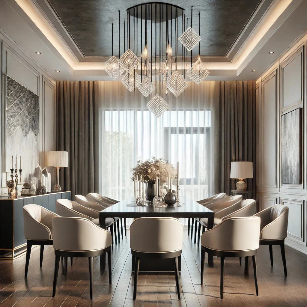 modern dining room with a modern crystal chandelier over dining table