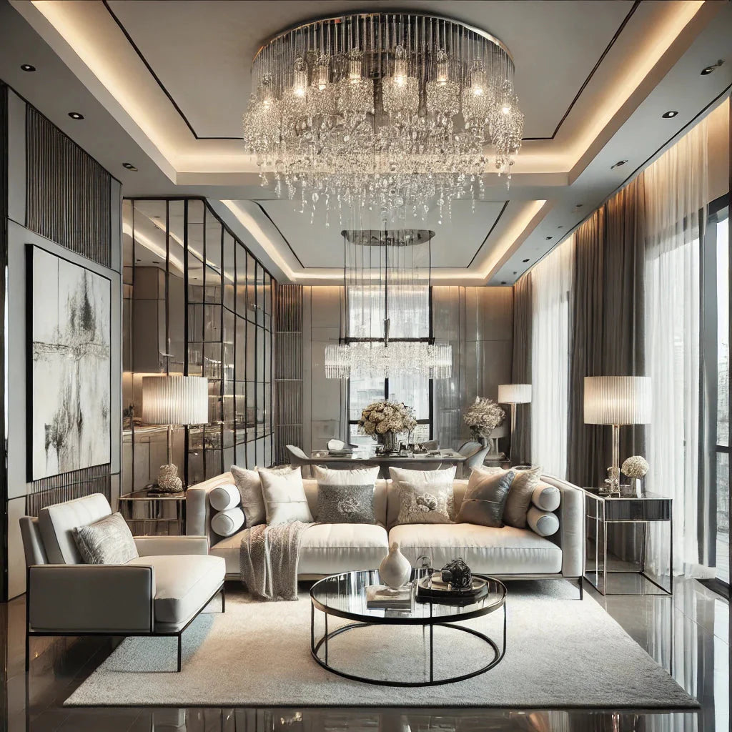 a modern living room with a crystal chandelier and pendant lights