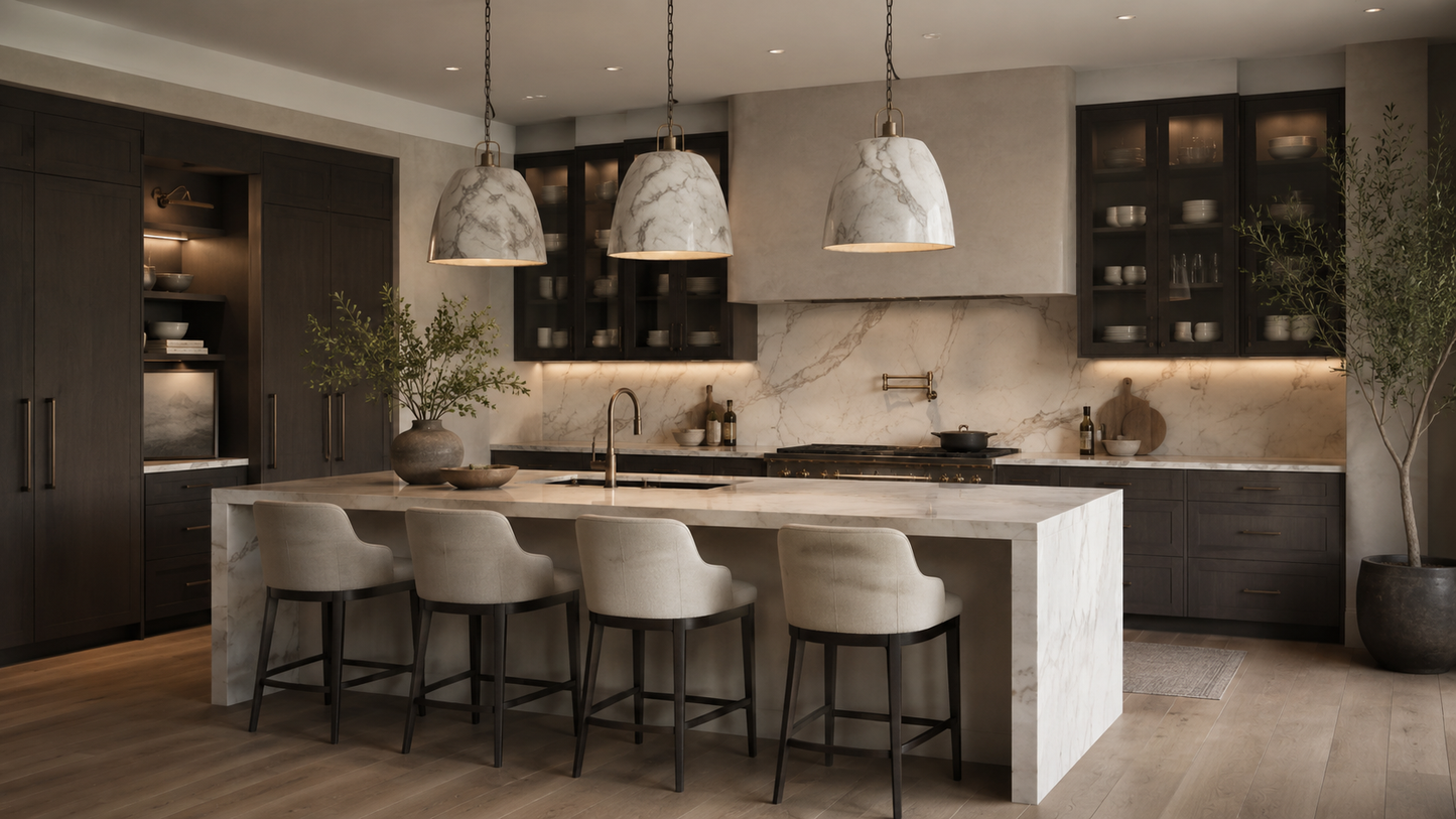 Modern luxury kitchen with hand-carved marble pendants hanging above an island, illustrating designer kitchen lighting layering.