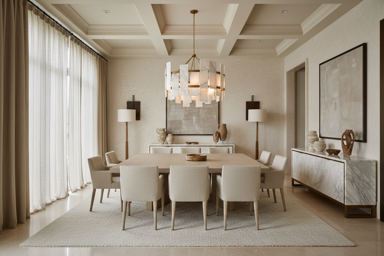 Hand-carved marble chandelier glowing warmly in a luxury interior, illustrating the candlelight-like quality of real natural stone lighting.