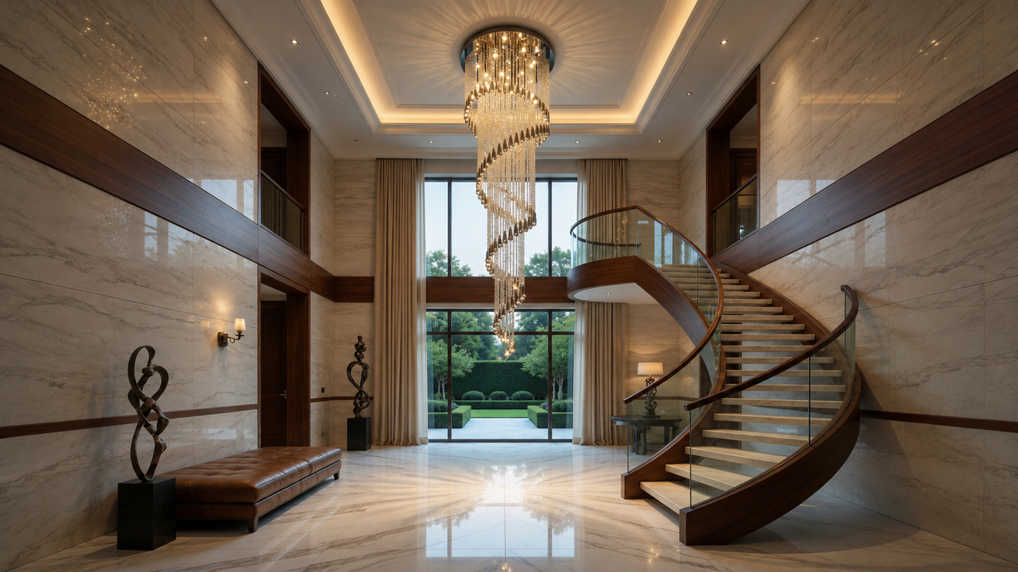 Luxury two-story foyer with a cascading multi-tier chandelier filling the vertical space between floors, illustrating designer staircase chandelier proportions.