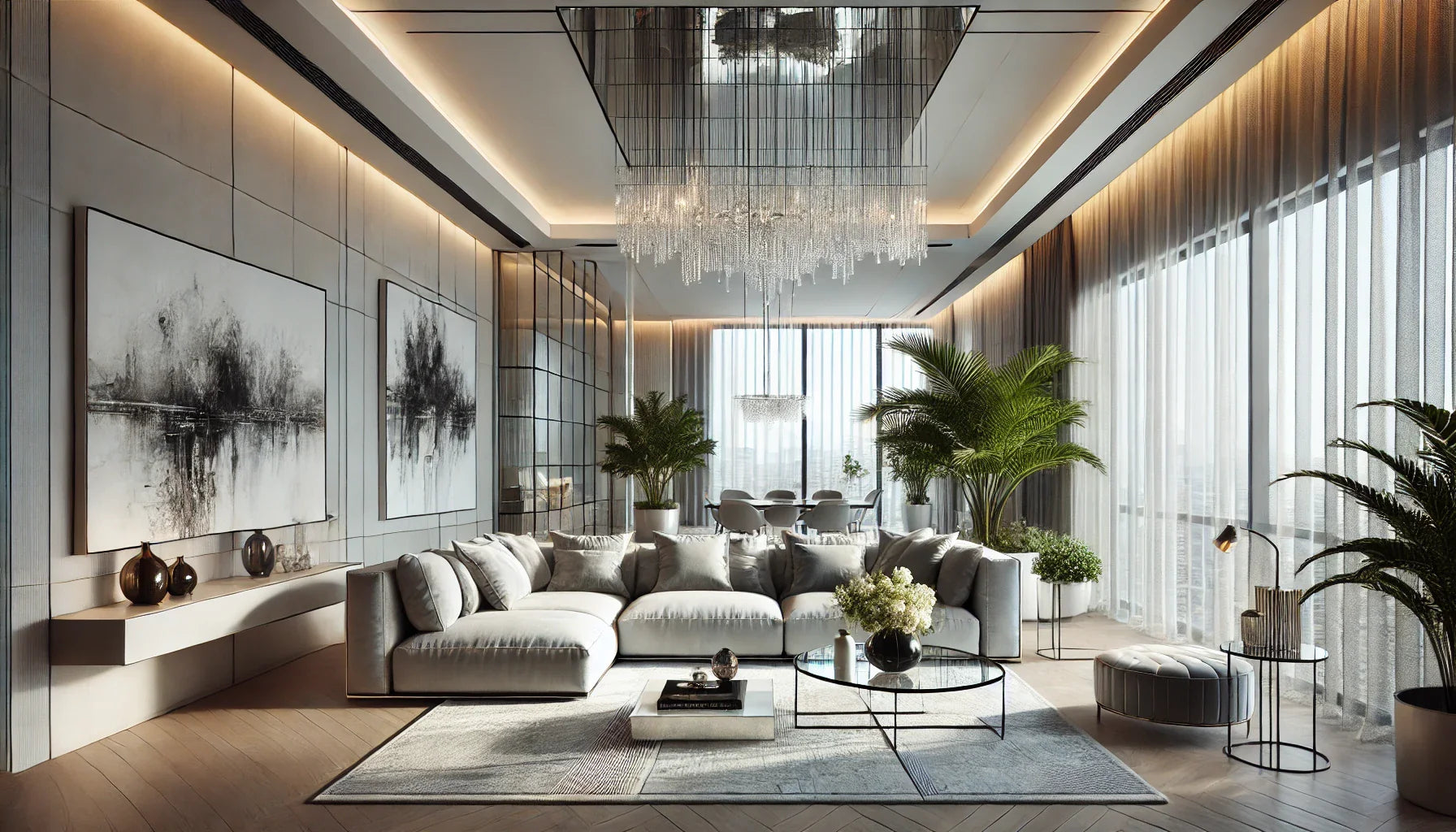 modern living room with a modern crystal chandelier above the center of the room