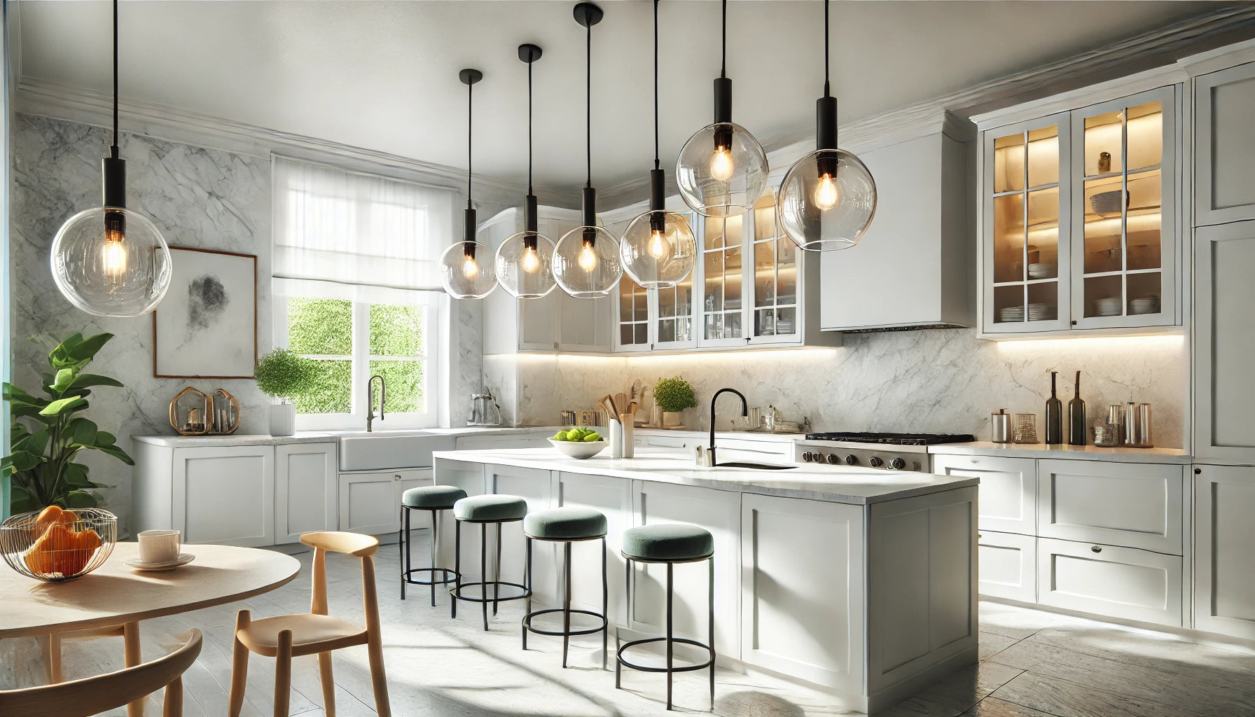 A bright and modern kitchen featuring stylish pendant lights. The kitchen is designed with clean lines, white cabinetry, and a large kitchen island