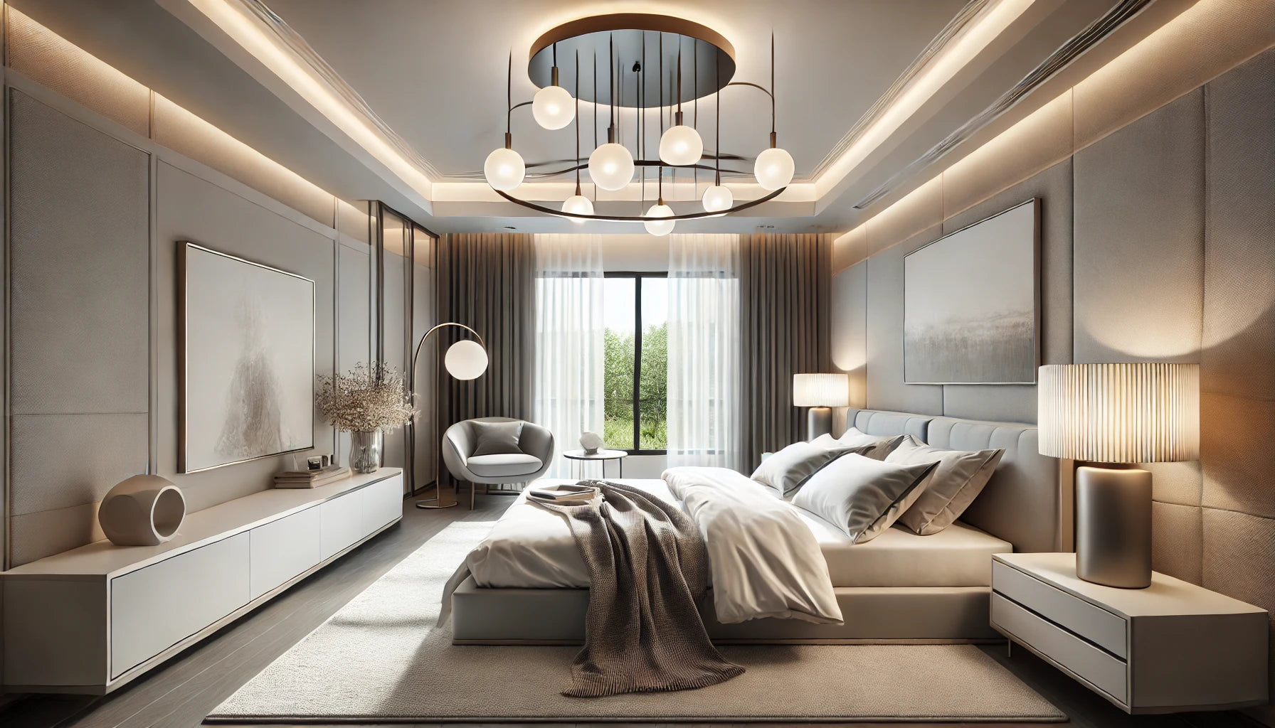 A modern bedroom featuring a stylish flush mount chandelier