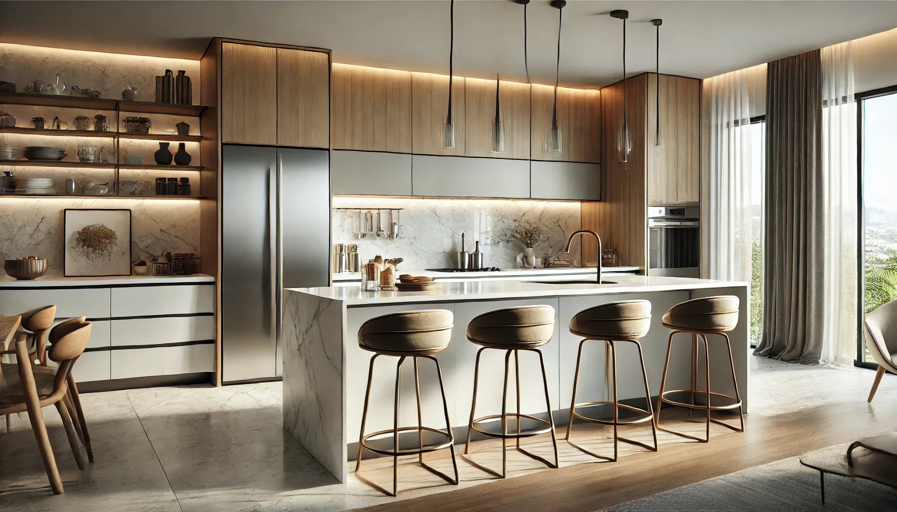 Modern kitchen with wooden cabinets, marble countertops, and a large island with four barstools. Pendant lights hang above. Open shelves display dishes. Large windows provide natural light and a scenic view.