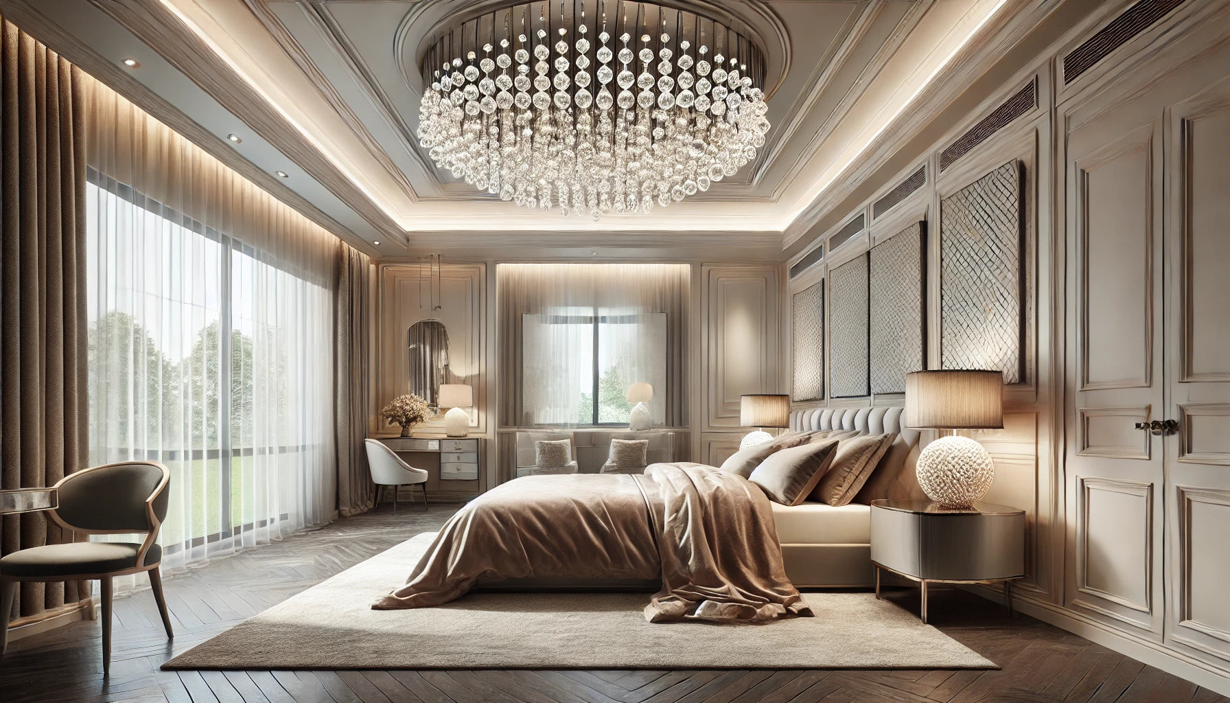 A luxurious bedroom featuring elegant crystal ceiling lights. The room is styled with a modern design, including a large, comfortable bed