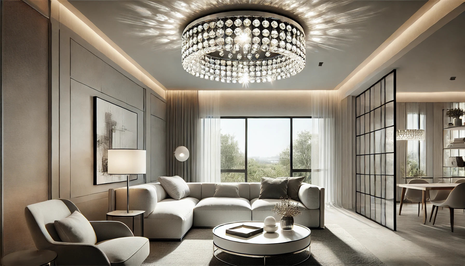 A modern room featuring a crystal flush mount ceiling light. The space is designed with clean lines and minimalistic furniture