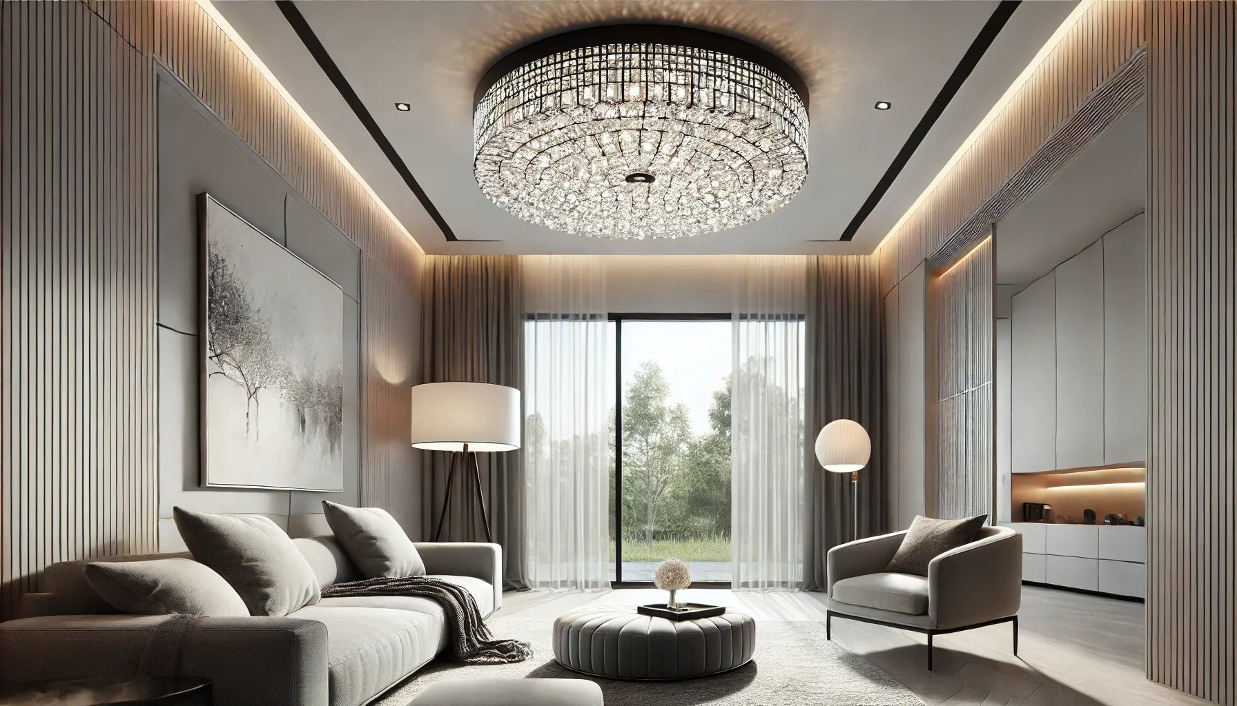 A modern living room with neutral tones features a large chandelier, plush seating, a round ottoman, and a floor lamp. The room is brightened by a large window with sheer curtains overlooking greenery.