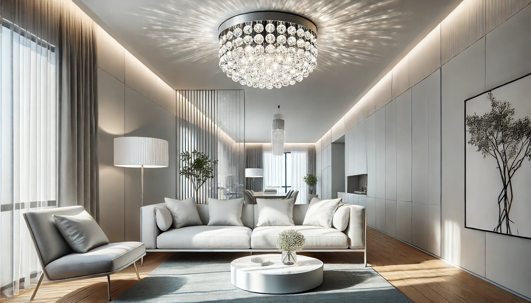 A modern room featuring a flush mount crystal ceiling light in a brighter setting. The space is designed with clean lines and minimalistic furniture