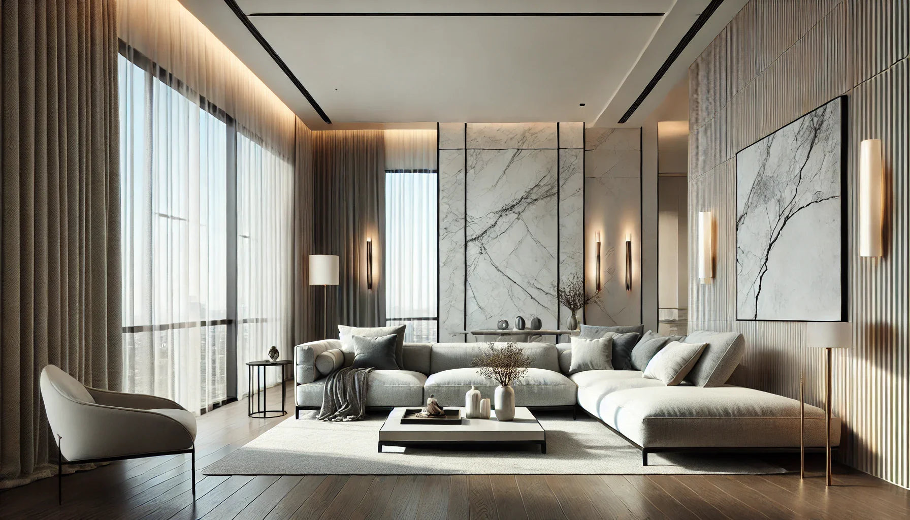 A modern, luxurious living room featuring a marble accent wall with elegant, minimalistic marble wall sconces on either side