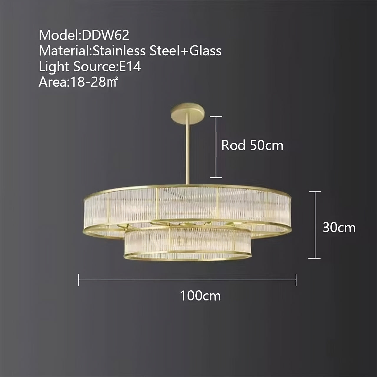 Displayed is the Gerano Modern Chandelier (Model: DDW62) by Bigman, featuring a sleek, circular design made of stainless steel and glass. It has dimensions of 100 cm in diameter, 30 cm in height, and comes with a 50 cm rod length. This eye-catching chandelier uses E14 light bulbs and is ideal for spaces measuring 18-28 square meters.