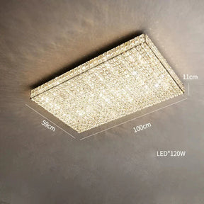 A rectangular LED ceiling light, measuring 59 cm by 100 cm with a height of 11 cm, features a shimmering, crystal-like design. This elegant fixture resembles a Bacci Clear Crystal Light Fixture from Morsale.com and consumes 120 watts of power.