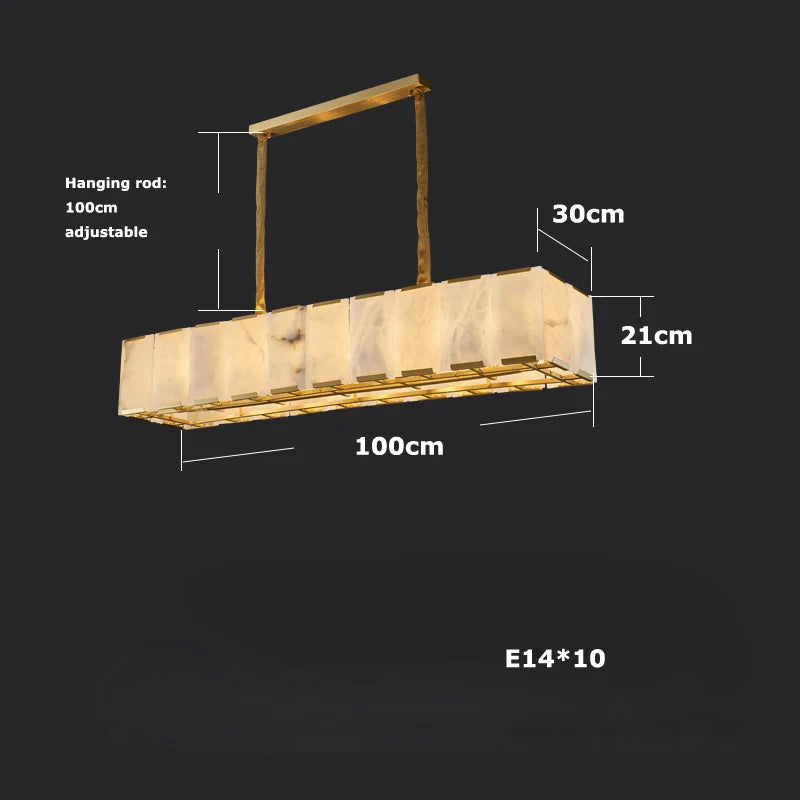 The Natural Marble Ceiling Chandelier by Morsale.com is a rectangular pendant chandelier with an adjustable hanging rod up to 100 cm. It features natural marble fixtures and measures 100 cm in width, 30 cm in height, and 21 cm in depth. The fixture requires ten E14 bulbs. The dark background accentuates the chandelier and its measurement details.