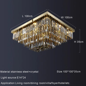 A large, square chandelier made from stainless steel and smoke grey crystal, measuring 100cm x 100cm x 35cm. This elegant design features numerous hanging crystals and uses 24 E14 light sources. Suitable for living rooms, dining rooms, villas, foyers, hotels, and other versatile lighting spaces. The product is the Gio Smoke Grey Crystal Ceiling Chandelier by Morsale.com.