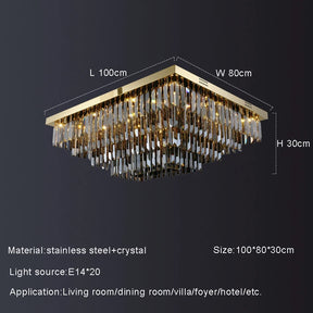The Gio Smoke Grey Crystal Ceiling Chandelier by Morsale.com is a rectangular chandelier with dimensions 100cm x 80cm x 30cm, made from stainless steel and smoke grey crystal, illuminated by 20 E14 light sources. Its elegant design is suitable for use in a living room, dining room, villa, foyer, hotel, or similar spaces.