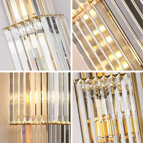 A collage of the Gio 32" Crystal Sconce by Morsale.com displaying various angles highlights its handmade crystals. The images showcase the gold accents and clear crystal prisms that capture and refract light, creating a warm, elegant glow.