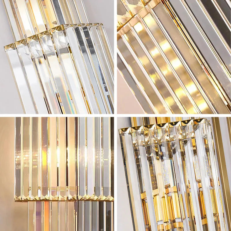 A collage of the Gio 32" Crystal Sconce by Morsale.com displaying various angles highlights its handmade crystals. The images showcase the gold accents and clear crystal prisms that capture and refract light, creating a warm, elegant glow.