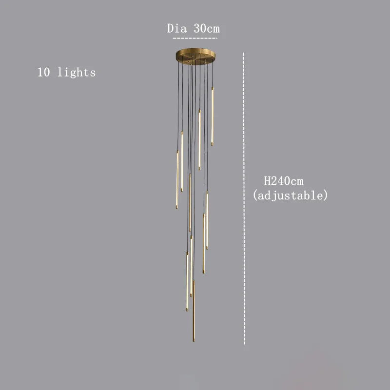 The Grande Brass Entryway Pendant Light Fixture by Morsale.com features a polished gold circular base with ten slender pendant lights of varying lengths hanging down. This modern chandelier has a diameter of 30cm and an adjustable height of up to 240cm. Set against a plain gray background, the dimmable LED lights create the perfect ambiance for any setting.